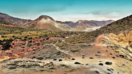 The volcanic desert of Cabo de Gata with a mantle of green grass due to the autumn rains, Almería, Andalusia, spain
