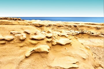 Fossils of tertiary sediments, sandstones, calcarenites and limestones of Tortonian algae, reef limestones of the Mesinian, in the Playazo de Rodalquilar, Natural Park of Cabo de Gata, Almería, spain,