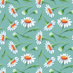 Watercolor seamless pattern with camomile flowers and leaves. Design for wrapping paper, wallpaper, textile, backdrop and other.
Watercolor floral design elements.