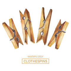 Watercolor wooden clothespins, hand drawn illustration isolated on white.