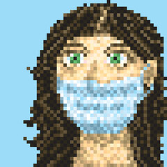 Pixel portrait of a woman in a medical mask.