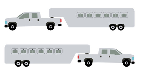Pickup tows horse trailer. Simplified icon, isolated on white background.  Trailer follows in both directions.

