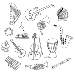 Musical instruments hand made vector doodle drawing illustration set collection - obrazy, fototapety, plakaty