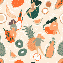 Seamless pattern with tropical fruits and beautiful women. Jungle spirit. Ideal for wallpaper or wrapping paper. - 486225456