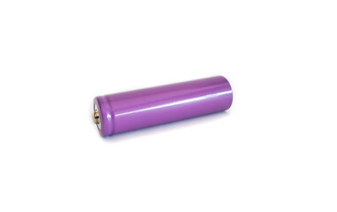 Rechargeable Lithium-Ion Battery type laying diagonally on white background with selective focus.