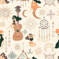 Seamless pattern with boho elements and beautiful women. Hippie gypsy spirit. Ideal for wallpaper or wrapping paper.