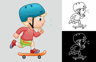 Cartoon of a boy wearing helmet playing skateboard