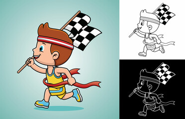 Cartoon of boy winning first place in running race competition while carrying finish flag