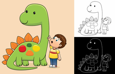 Cartoon of little boy with giant dinosaur
