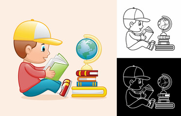 Cartoon of boy sitting on floor while reading book with globe on pile of books