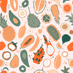 Seamless pattern with tropical spirit. Different exotic fruits in elegant simple style. Ideal for wallpaper or wrapping paper.