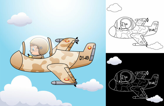 Cartoon of little boy pilot on jet plane
