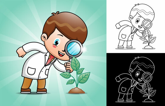 Little scientist cartoon examines leaf of tree through magnifying glass