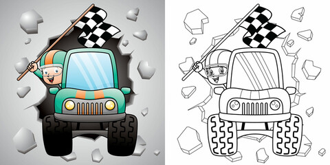 Cartoon of a boy holding finish flag on race truck. Coloring book or page © Bhonard21