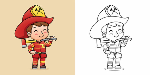 Cartoon of boy in firefighter uniform while holding axe. Coloring book or page