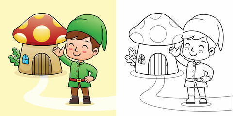 Cartoon of boy in elf costume with mushroom house. Coloring book or page
