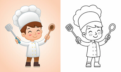 Cartoon of boy in chef uniform holding spoon and spatula. Coloring book or page