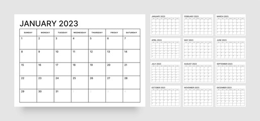 Monthly calendar template for 2023 year. Week Starts on Sunday. Wall calendar in a minimalist style. - obrazy, fototapety, plakaty