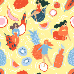 Seamless pattern with tropical fruits and beautiful women. Jungle spirit. Ideal for wallpaper or wrapping paper.