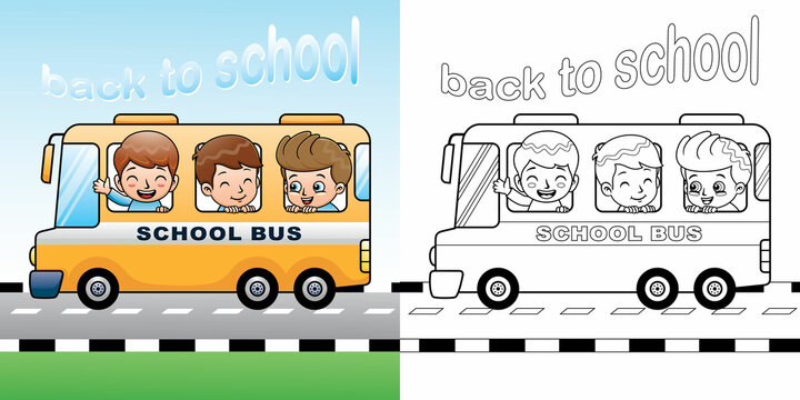 Cartoon of funny students on school bus. Coloring book or page