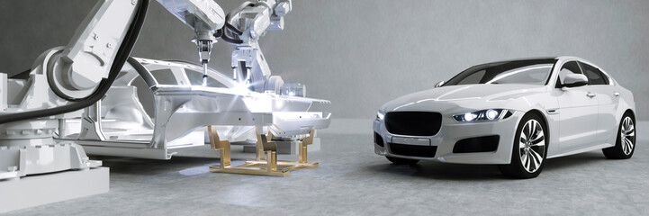 Modern car welding assembly robots working on a car frame with the finished generic car next to it 3d render