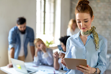 Group of success people working together at corporate workplace. Business teamwork office concept