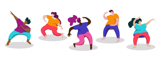A group of young dancers of different nationalities or male and female dancers isolated on a white background. Vector flat design illustration. Use in web projects and applications.