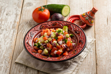 traditional moroccan salad with onions tomatoes and cucumber