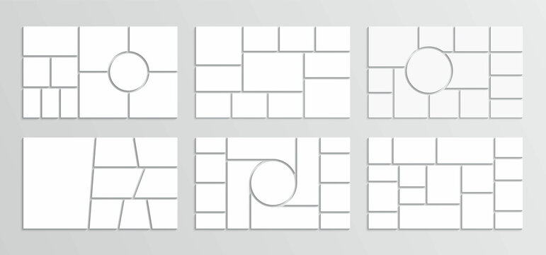 Photo collage template. Moodboard layout. Mood board background. Mosaic picture frame. Scrapbook grid. Gallery banner. Retro photoframe. Album brandboard. Set portfolio images. Vector illustration
