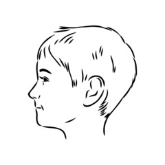 Hand drawn little kid portrait in profile, Vector sketch isolated on white background, Line art illustration