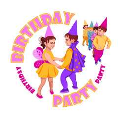 Boy and girl dancing in carnival costumes, children's birthday, party, carnival, holiday. Emblem for children's parties, parties, concerts, dance groups.