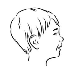 Hand drawn little kid portrait in profile, Vector sketch isolated on white background, Line art illustration