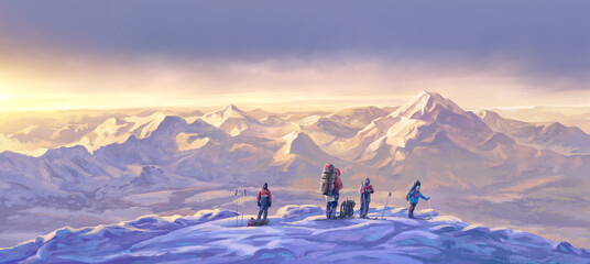 Winter mountain landscape and a group of people, extreme tourists, skiers, who are on the pass in ski hiking. Raster illustration.