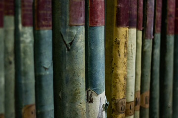 Colorful old archives. Collection of historical documents background. Ancient logbooks.