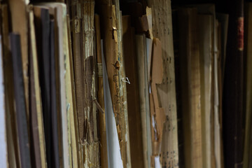 Close up of old files. Historical documents. Old paper archives.