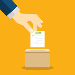 Hand holding voting ballot and ballot box. Voting and election concept. Ballot Box Icon. Vector illustration.
