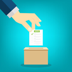 Hand holding voting ballot and ballot box. Voting and election concept. Ballot Box Icon. Vector illustration.