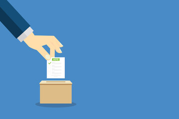 Hand holding voting ballot and ballot box. Voting and election concept. Ballot Box Icon. Vector illustration.