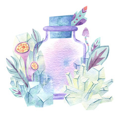Watercolor magic bottle with crystals and floral elements. Glass perfume flask, elixir or poison.