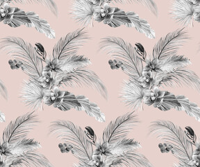 Botanical watercolor black and white pattern with orchid flowers and dry palm leaves on a soft pink background in boho style for summer textile and surface design