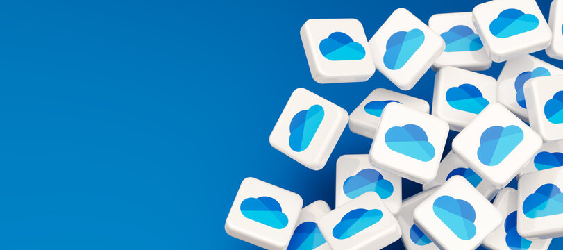 Guilherand-Granges, France - February 10, 2022. Cubes with Microsoft OneDrive logo. File hosting service and synchronization service operated by Microsoft.