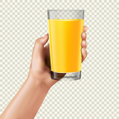 Hand holding orange juice. Vector realistic mockup.