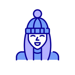 Smiling girl in winter hat. Pixel perfect, editable stroke color icon