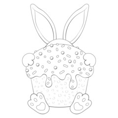 Cute bunny with easter cake. Happy Easter. Fun character. Outline. Coloring book. Vector illustration. Isolated on white. Monochrome image