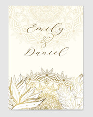Wedding invitation template with beautiful golden outline of tropical flowers and mandala.