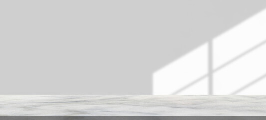 Marble table with window shadow drop on white wall background for mockup product display