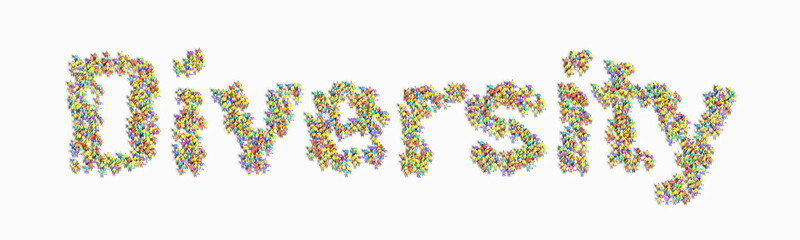 「ダイバーシティ」の文字の形に並んだ人々の3Dイラスト素材