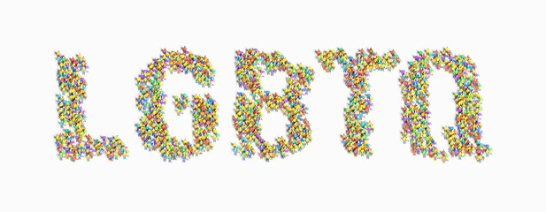 「LGBTQ」の文字の形に並んだ人々の3Dイラスト素材