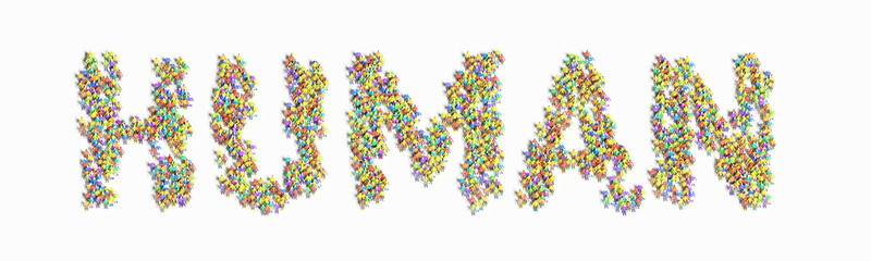 「ヒューマン」の文字の形に並んだ人々の3Dイラスト素材