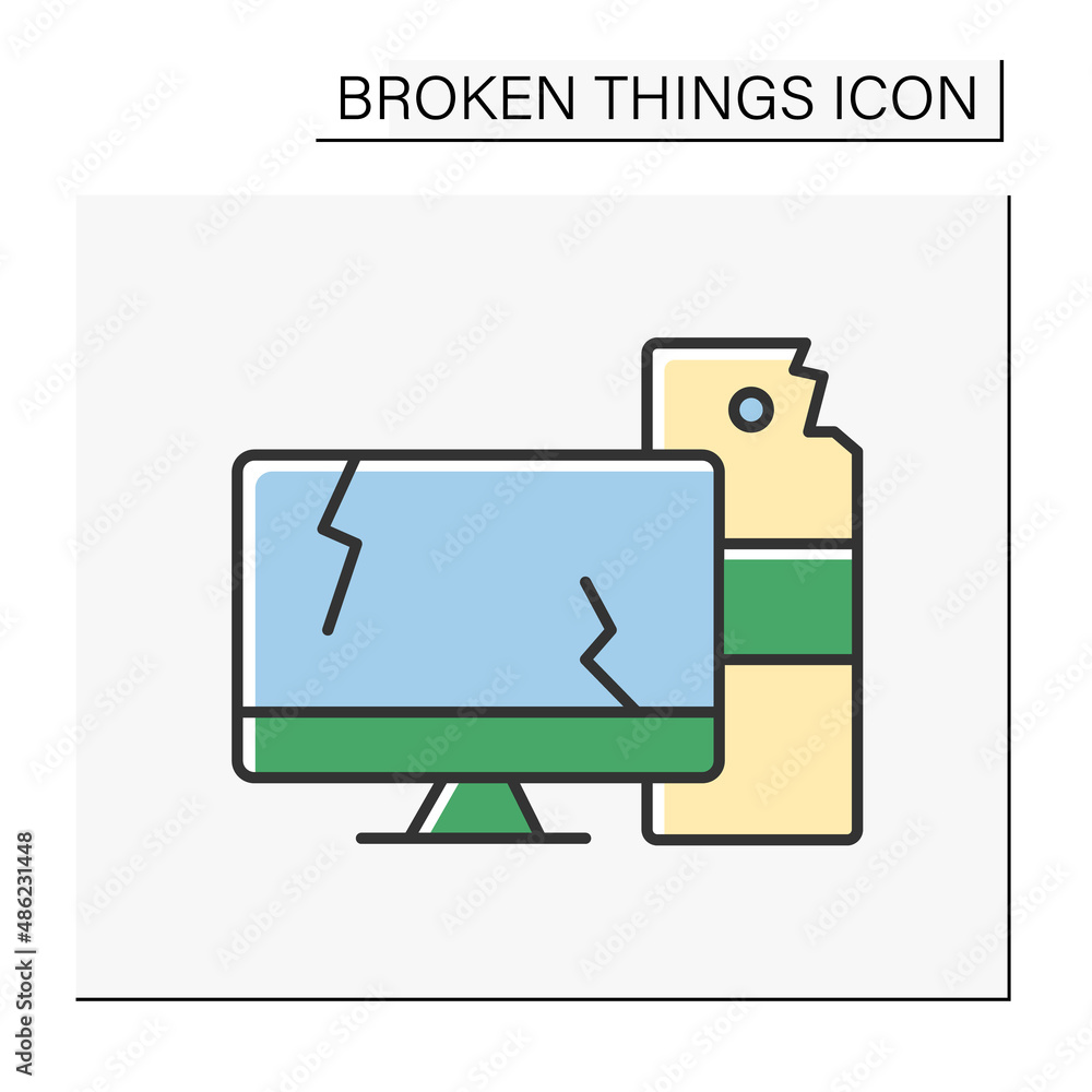 Poster computer color icon. destroyed electronic devices. smashed computer screen. vandalism, chaos. broken